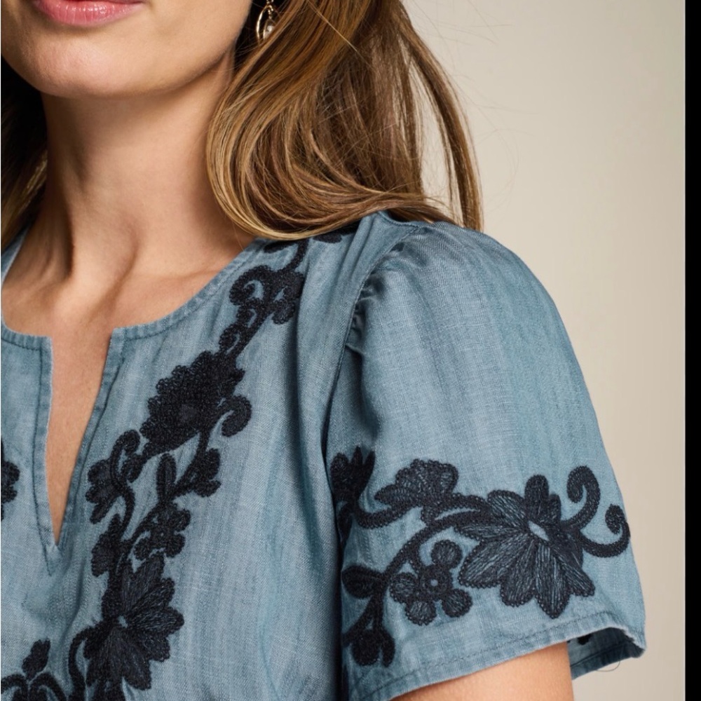 J. Jill Embroidered Indigo Flutter Sleeve Dress, Medium Tall - Picture 2 of 5